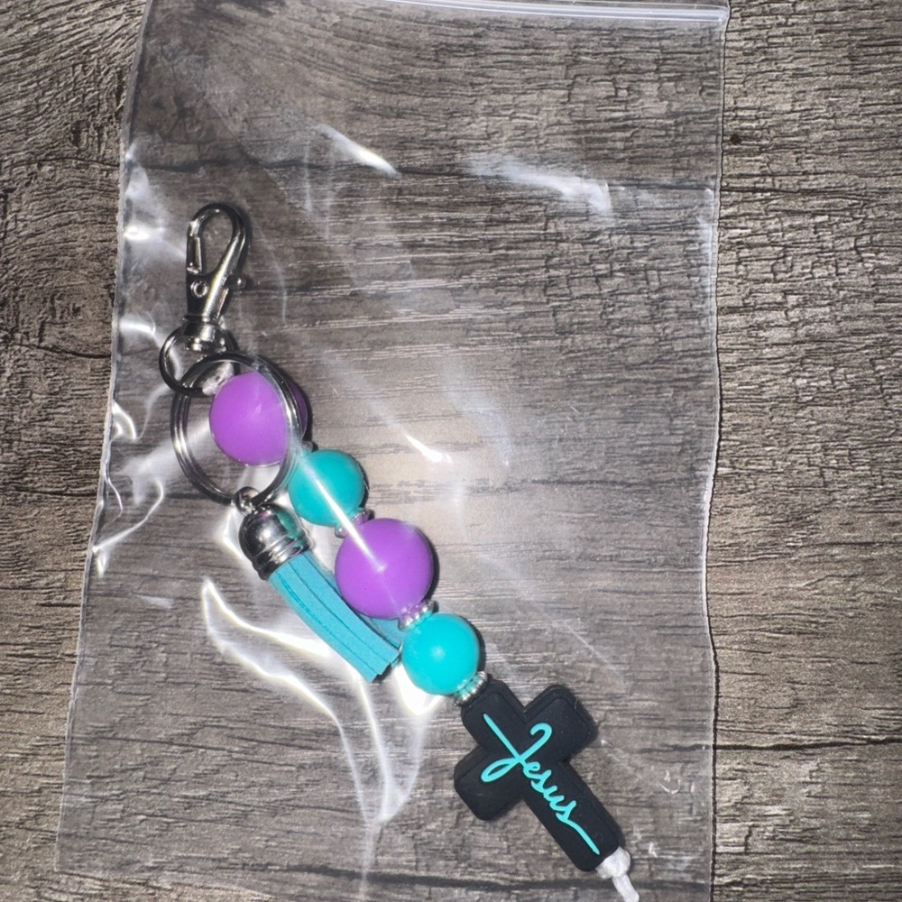 Purple and Turquoise Beaded Keychain with Cross